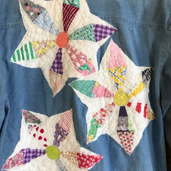 Upcycled Jean Shirt Jacket, Size L: Vintage Quilt Patchwork, Boho Wearable Art - Picture 5 of 9